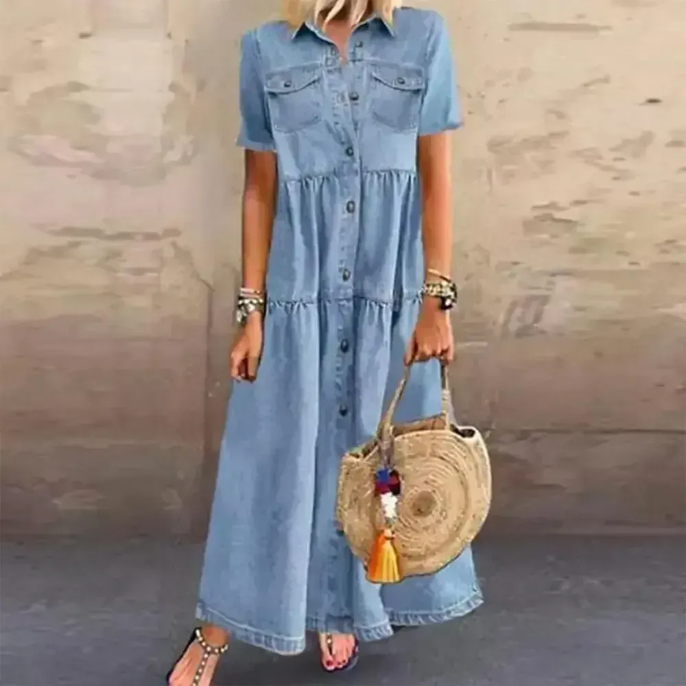 Light Double Pocket Button Front Maxi Dress