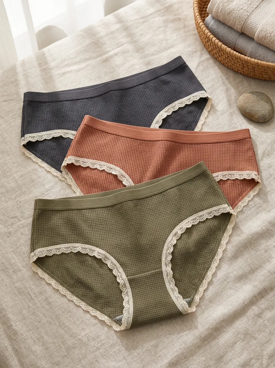 Women's Wide-Waistband Assorted Waffle-Knit Lace-Trim Briefs Set