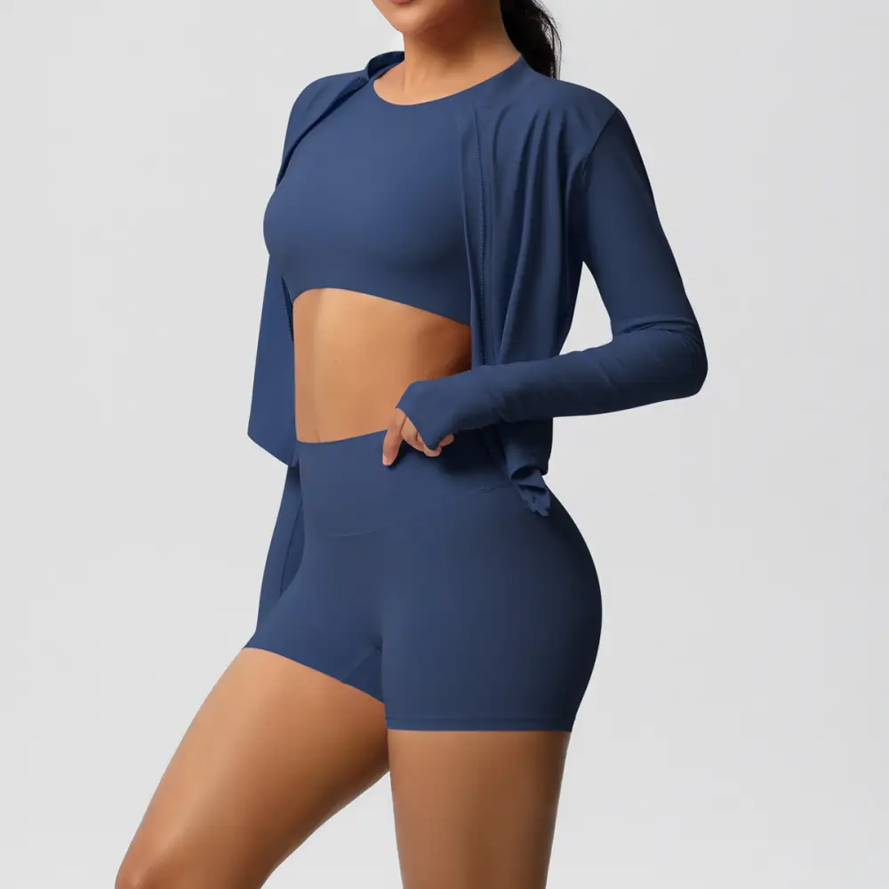 Zip-Front Long-Sleeve Jacket, Bra and Shorts Active Set