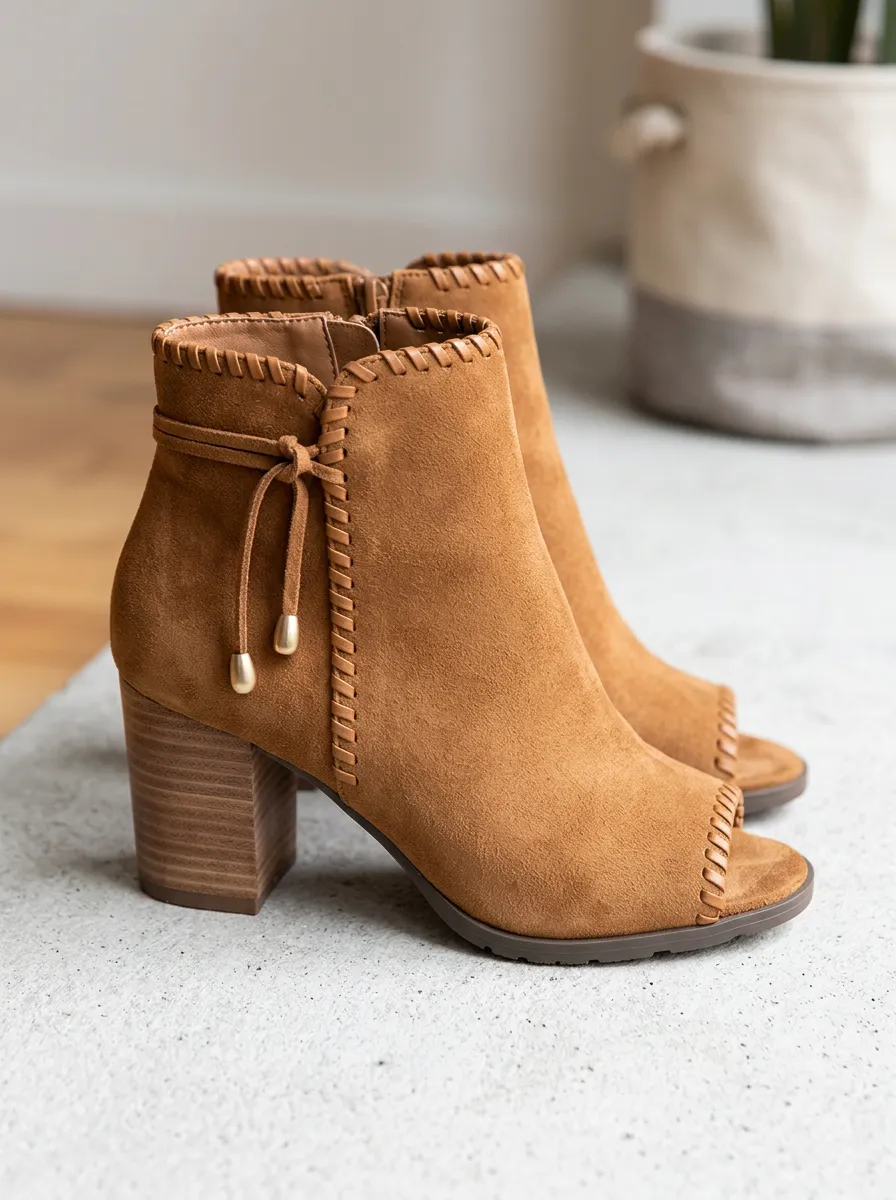 Stitched Boho-Inspired Suede-Look Women's Peep-Toe Ankle Boots
