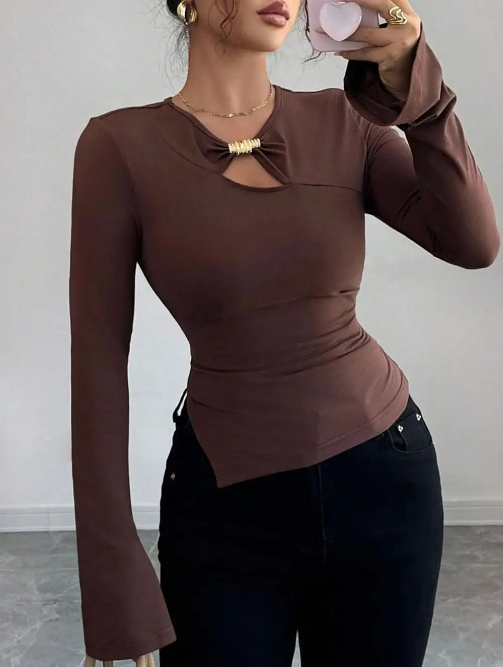 Asymmetrical Openwork Metal Detail Top