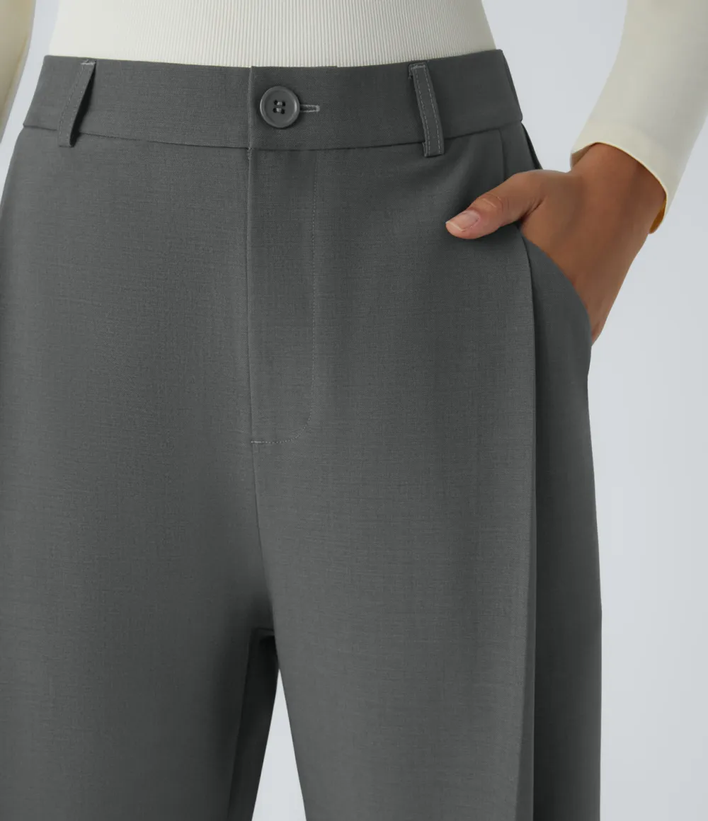 High Waisted Pleated Side Pocket Wide Leg Work Pants