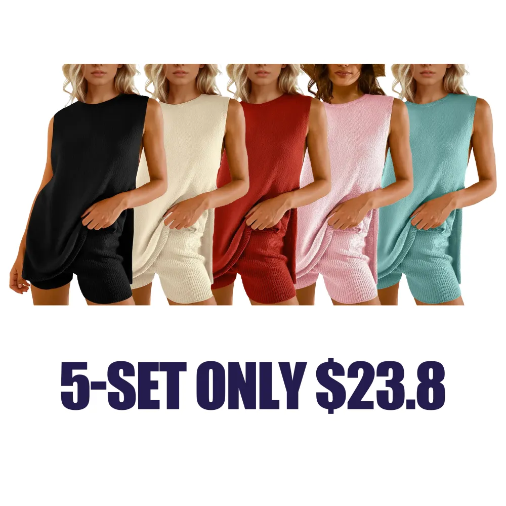 Women's Knit Sweater Set Sleeveless Tunic Top Matching Short 2 Pieces Set