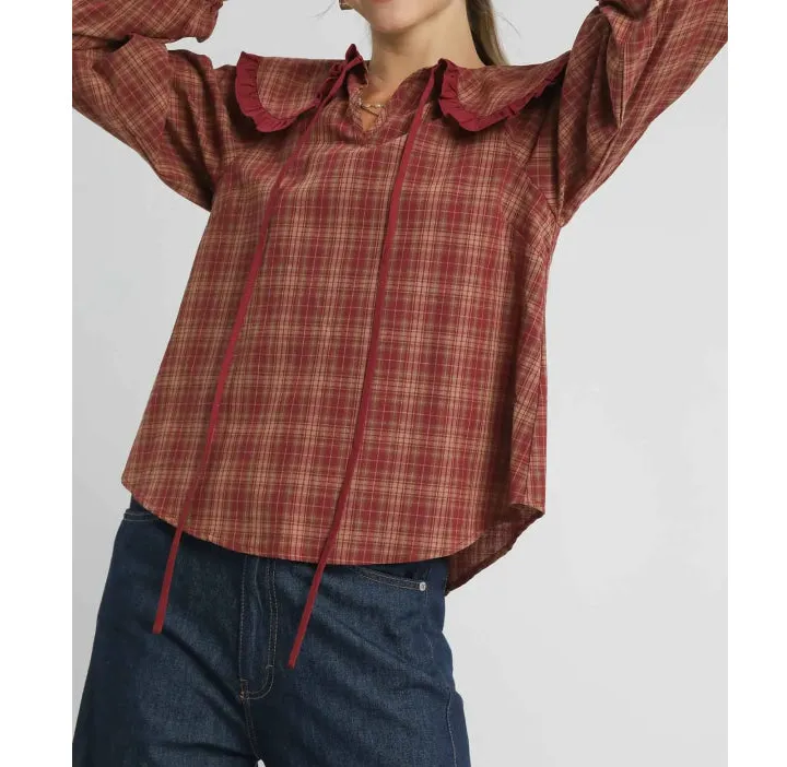 Full Size Plaid Ruffle Collar Blouse Plus Size
