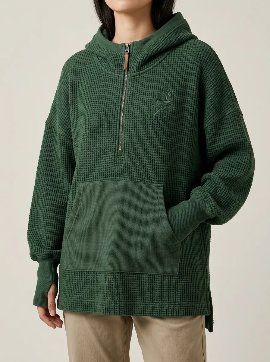 Women's Green Waffle Knit Leaf Embroidered Quarter Zip Hoodie