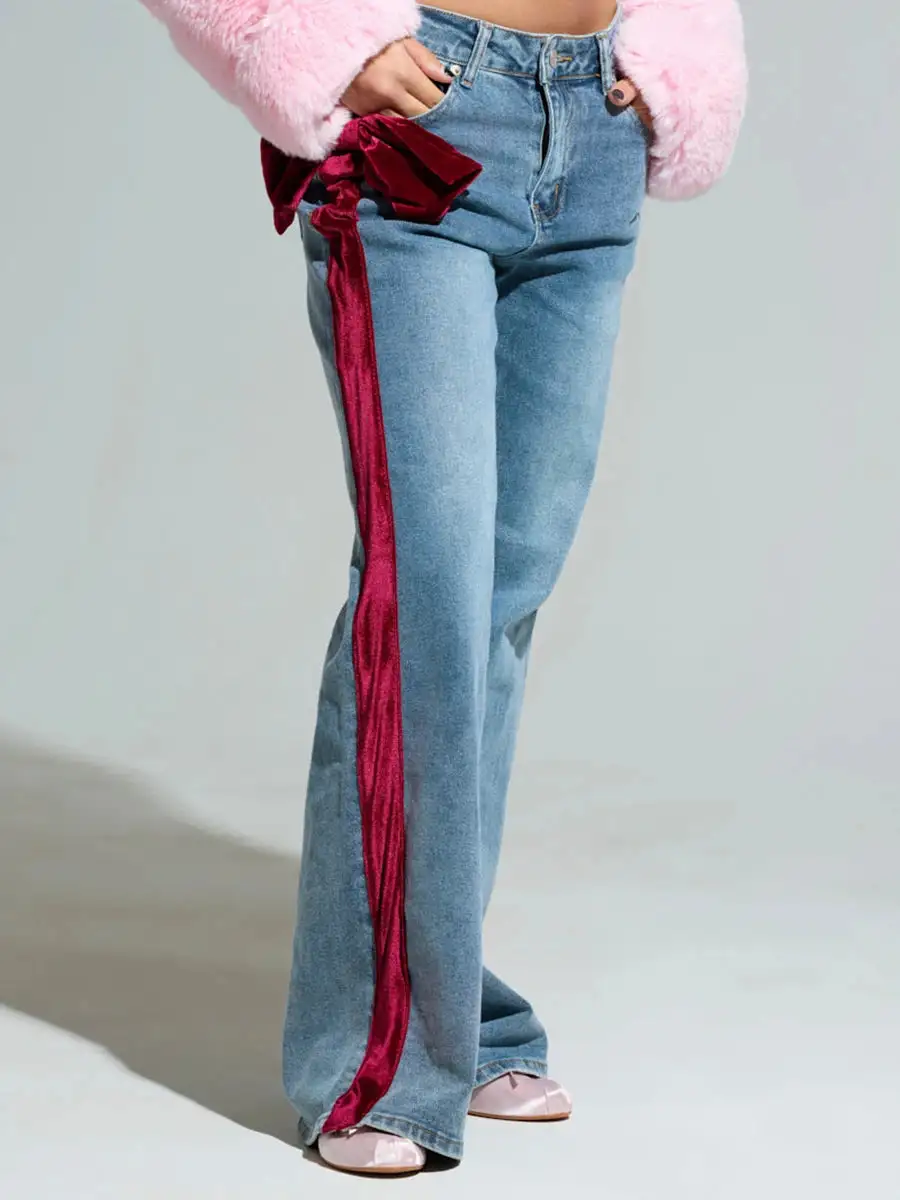 Bow-Detail Velvet Slim Jeans
