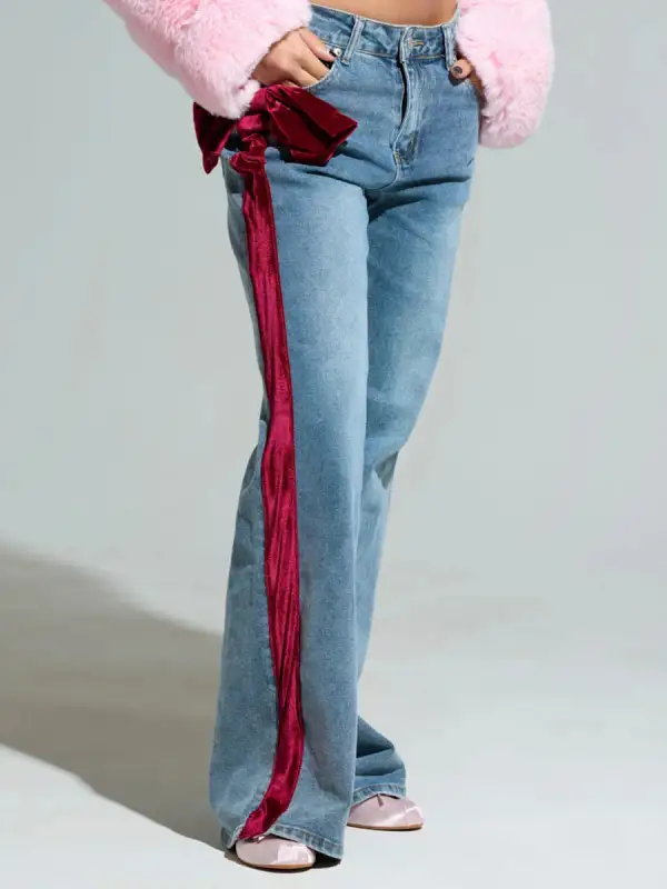 Bow-Detail Velvet Slim Jeans
