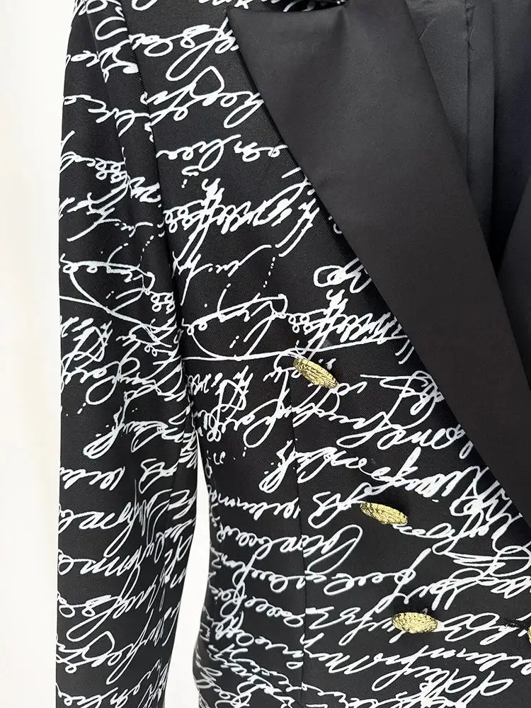 Letter Print Double Breasted Blazer