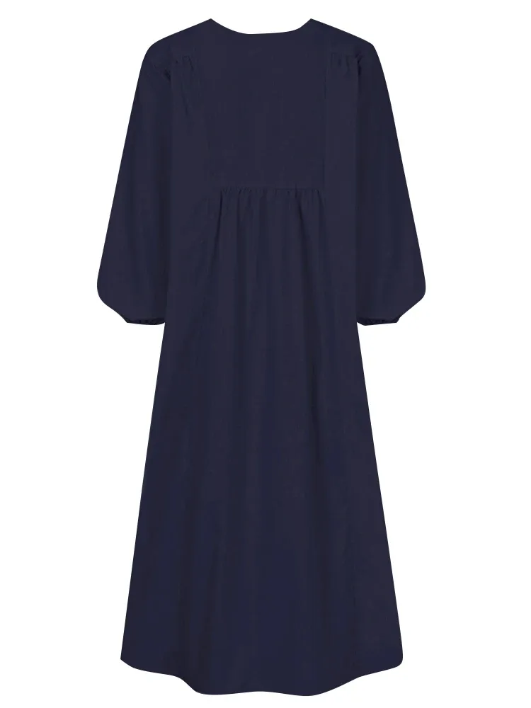Long Sleeve Linen Blend Cotton Blend Maxi Soft Drape Dress