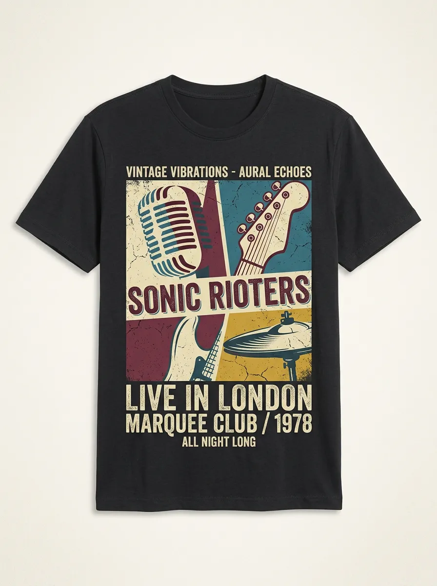 Unisex Rock Band Music Lover Vintage Guitar Microphone Printed T-shirt