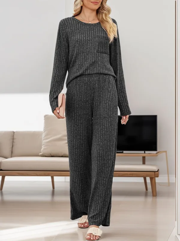Pocketed Round Neck Long Sleeve Top And Pants Set