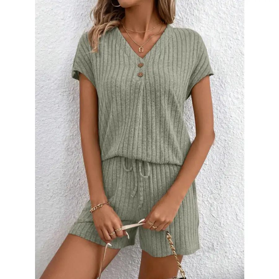 Ribbed V Neck Top and Shorts Set