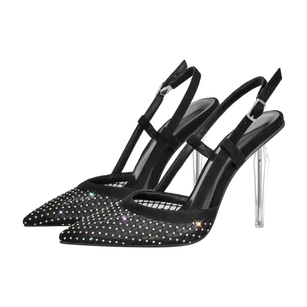 Rhinestone Pointed Toe Transparent Heel Slingback Pumps