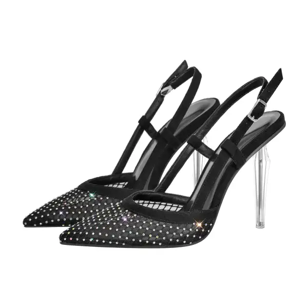 Rhinestone Pointed Toe Transparent Heel Slingback Pumps