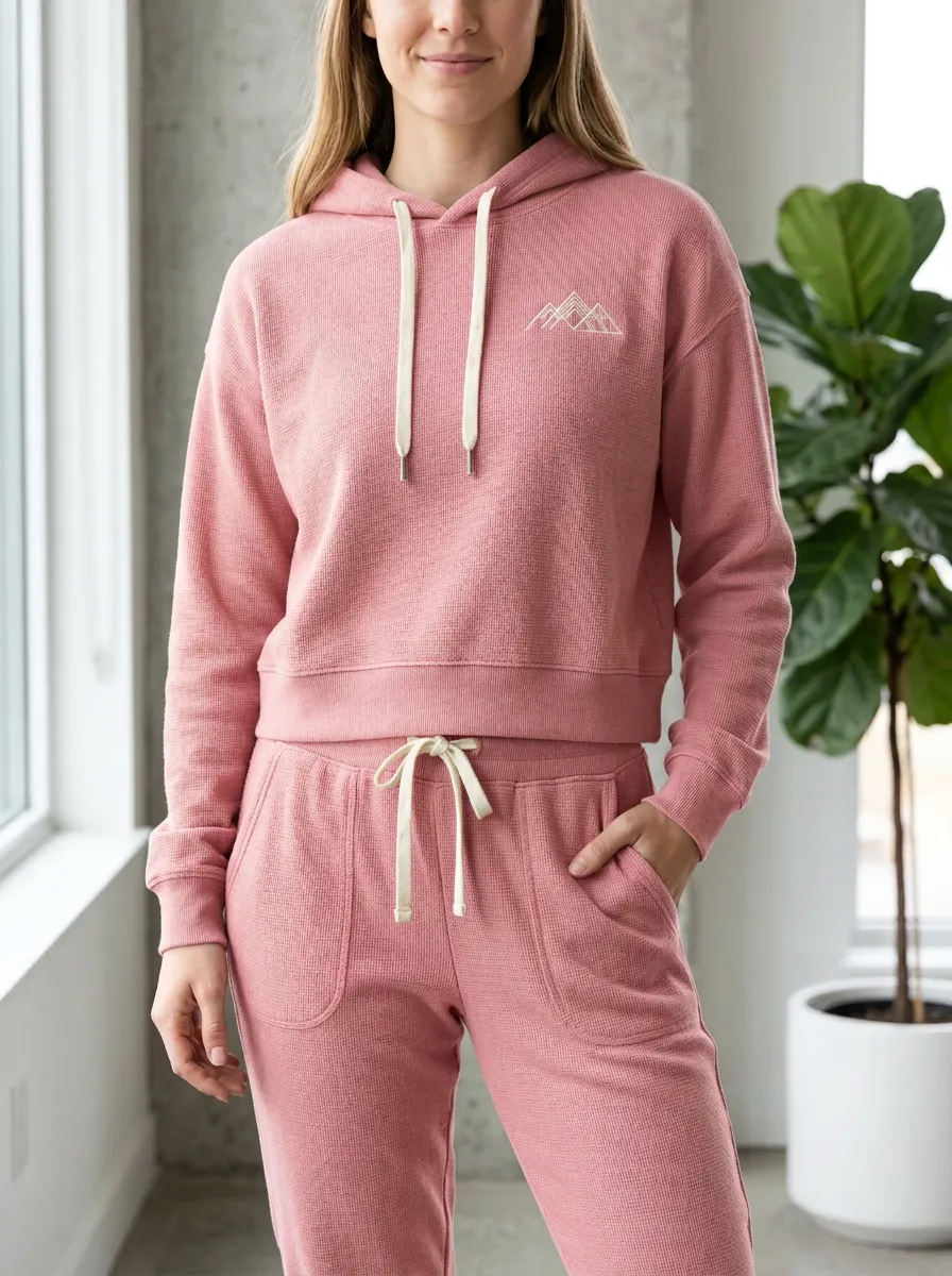 Women's Mountain Hiking Lover Olive Waffle Printed Hoodie Jogger Set