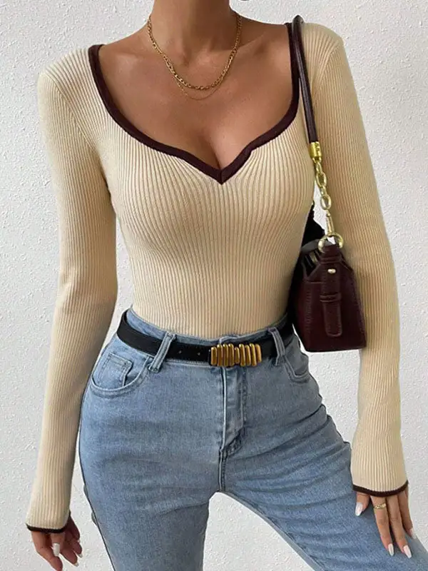 Long Sleeve Slim Fit Contrast Pleat Detail Panel Detail V-Neck T-Shirt