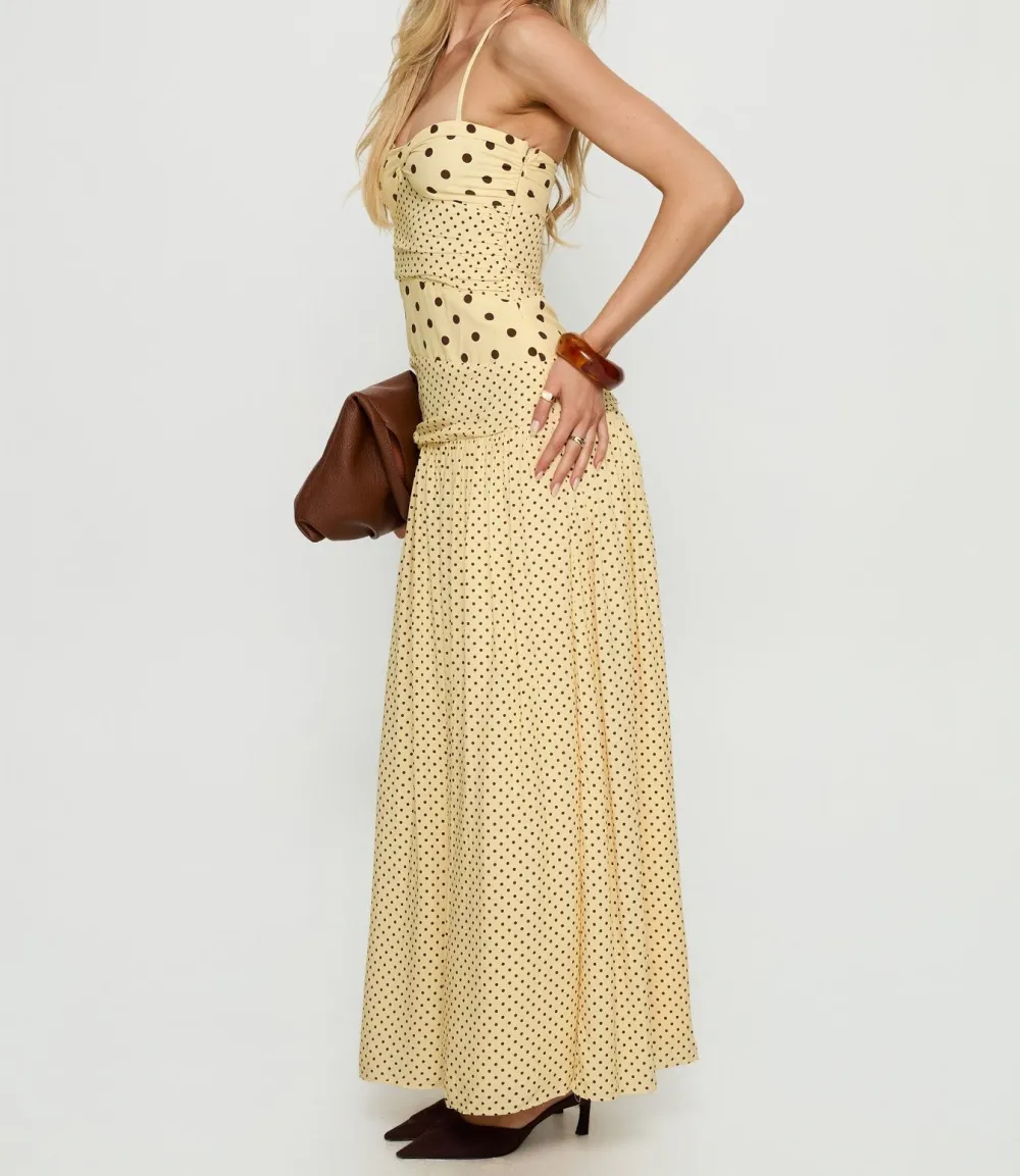 Lemon and Brown Polka Dot Halter Maxi Dress