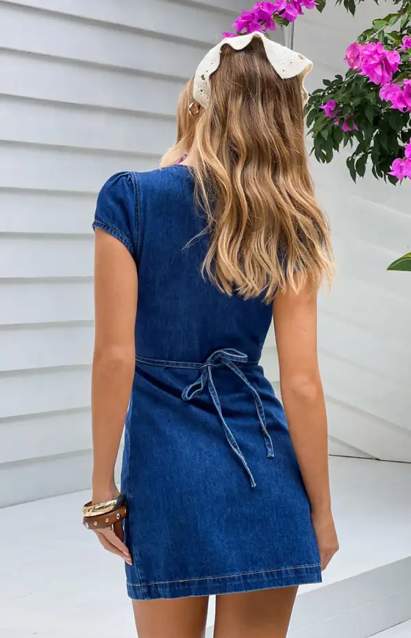 V Neck Button Mini Dress
