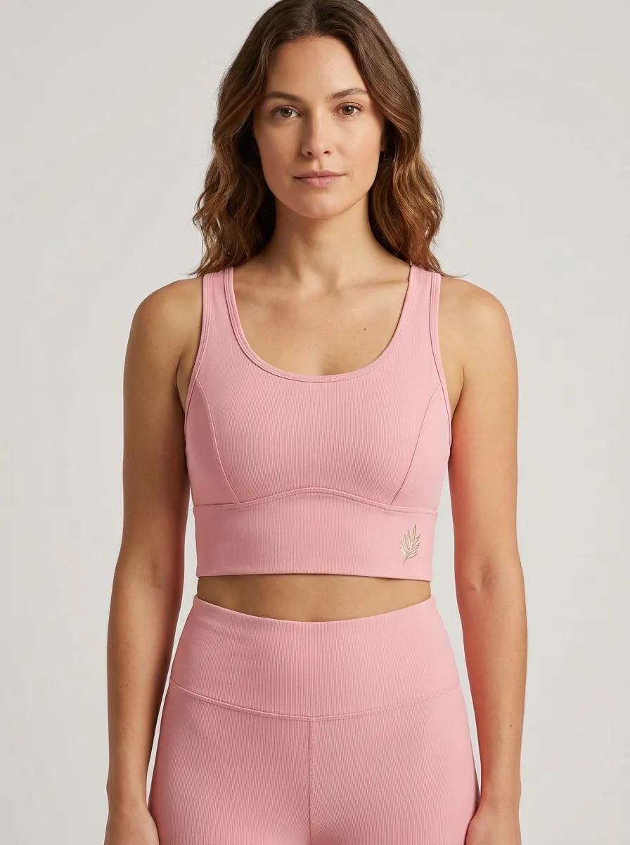 Women's Leaf-Embroidered Scoop-Neck Underbust-Seam Sports Bra