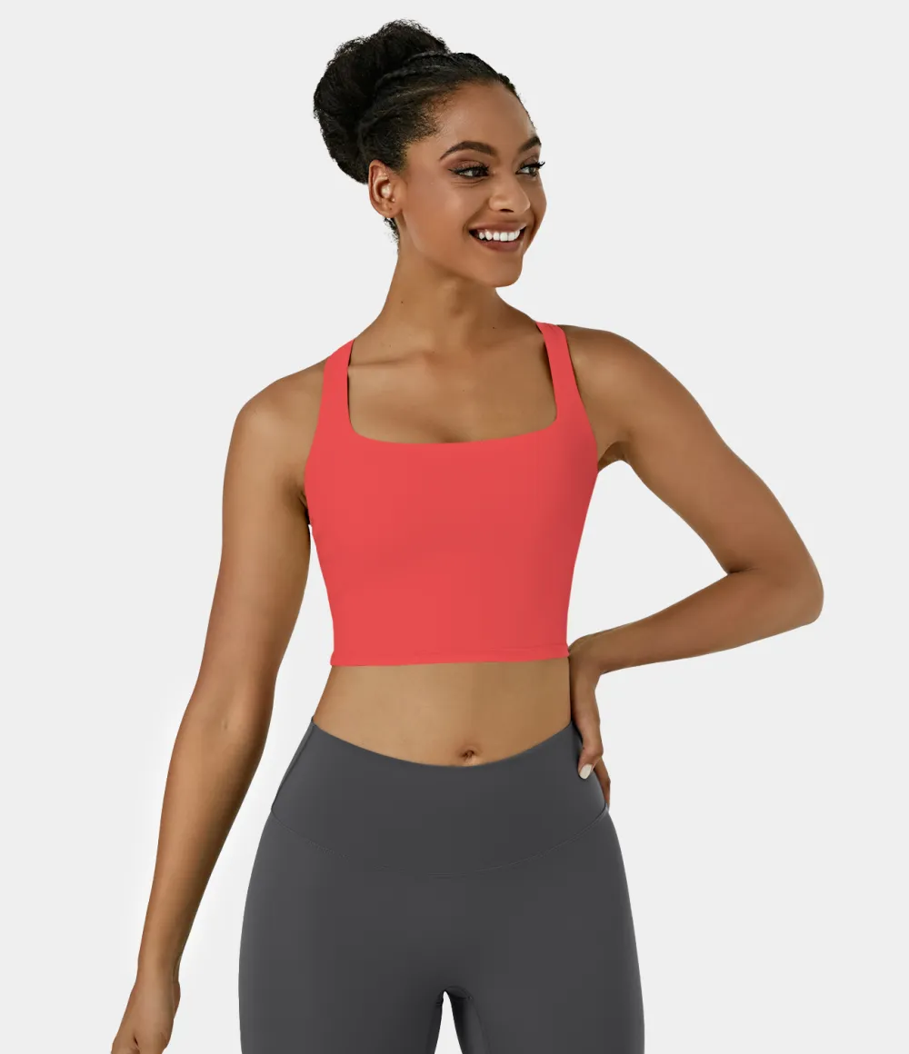 Softlyzero Airy Square Neck Backless Crisscross Cropped Cool Touch Yoga Tank Top-UPF50+