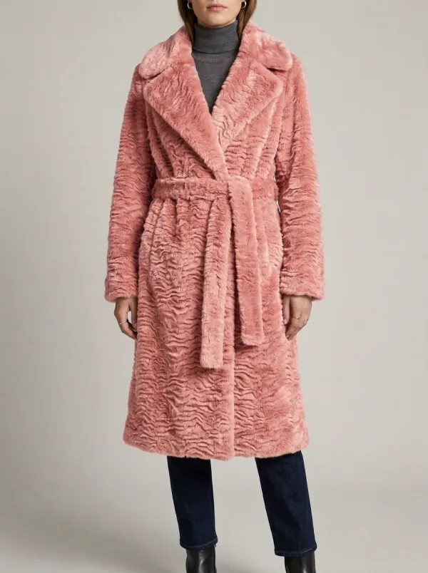 Notched Lapel Textured Faux Fur Belted Coat