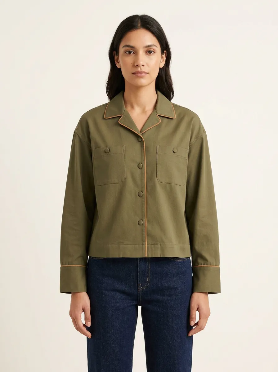 Women's Flap-Pocket Contrast-Piped Camp-Collar Shirt
