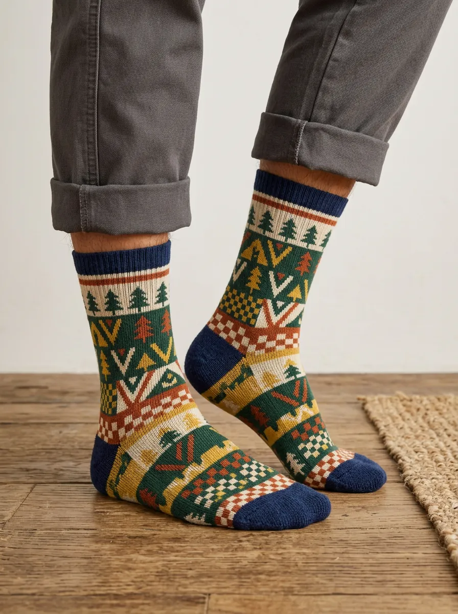 Men's Outdoor Nature Lover Pine Tree Geometric Pattern Printed Socks