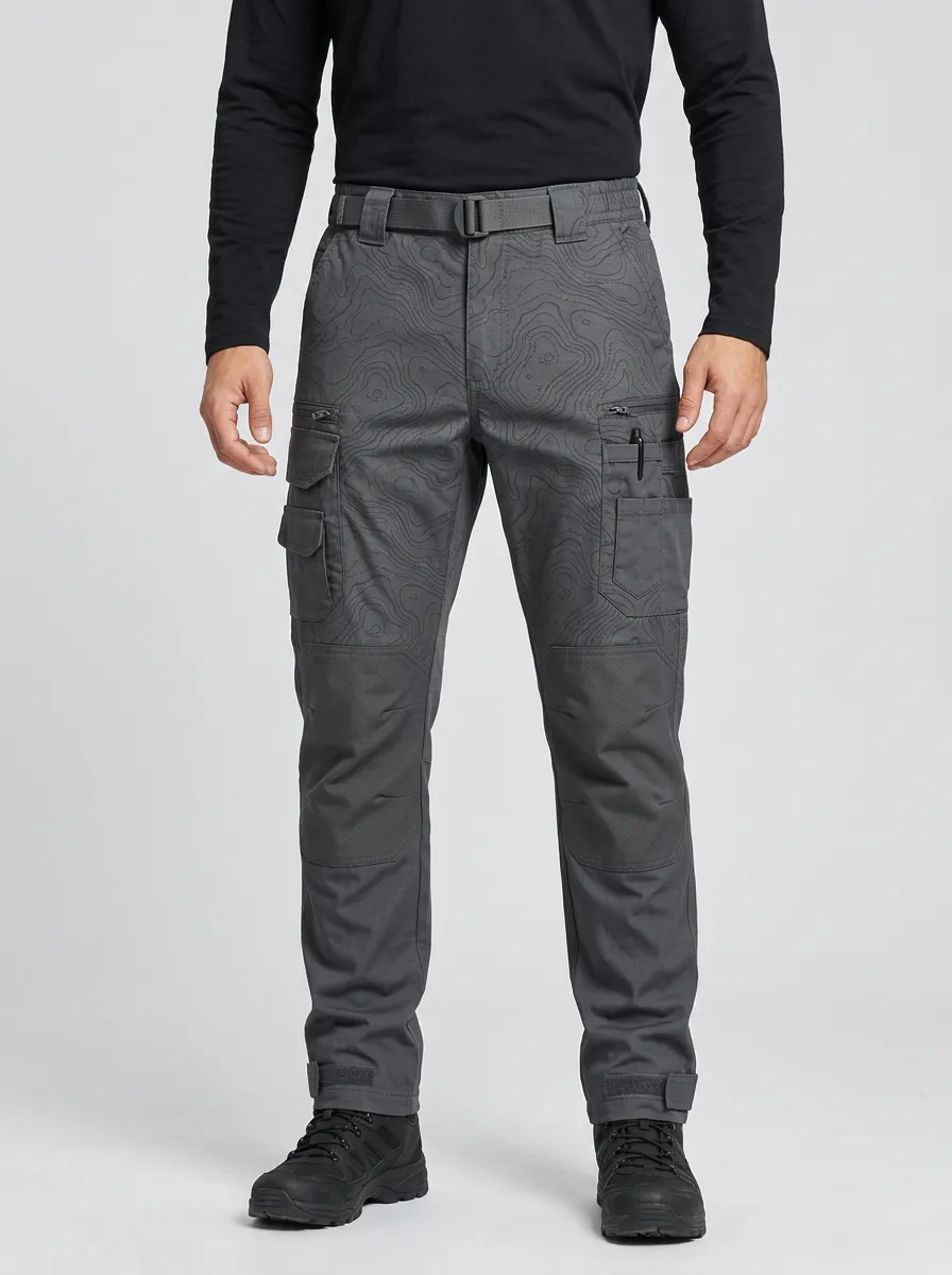 Men's Charcoal Grey Topographic Multi-Pocket Reinforced Knee Adjustable Hem Tactical Cargo Pants