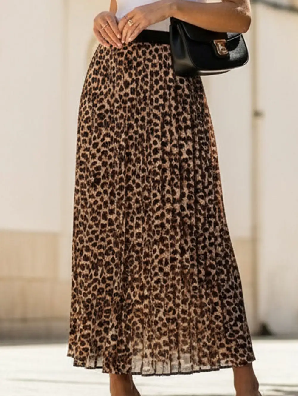 Pleated Leopard Print Midi Skirt