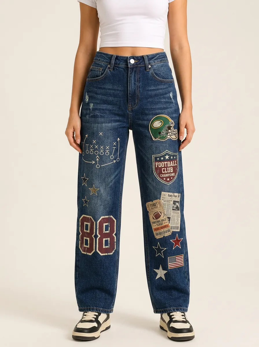 Women's Football Fan Helmet Ticket Graphic Printed Jeans