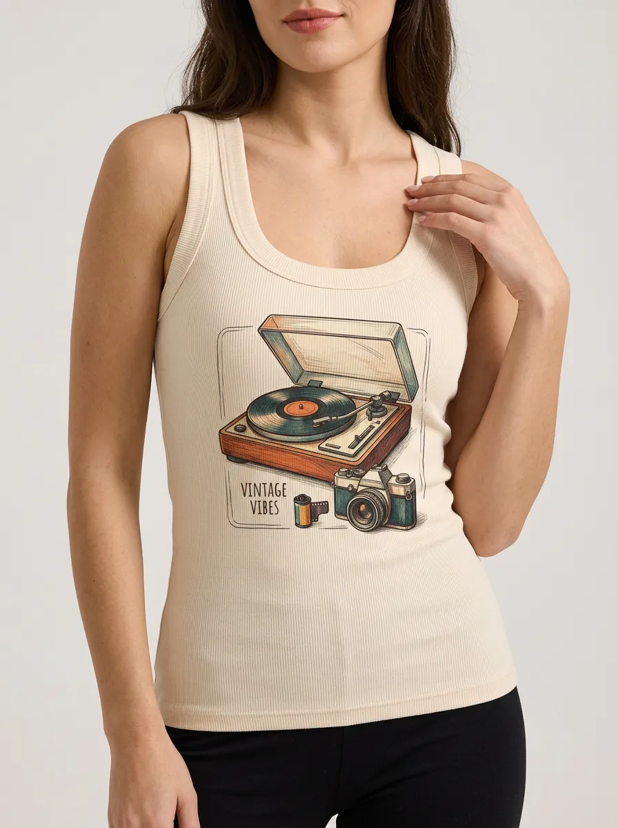 Women's Retro Music Lover Turntable Camera Printed Tank Top