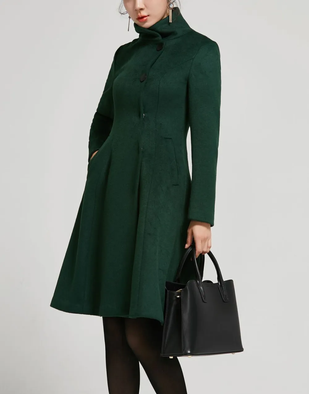 Wool Blend A Line Single Breasted Stand Collar Pocketed Coat