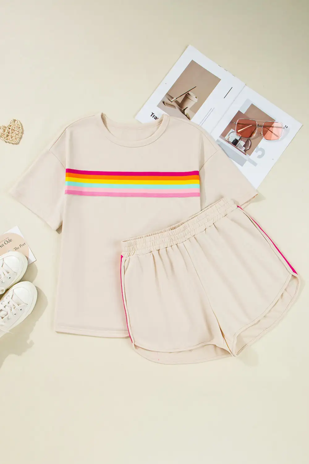 Women's Vibrant Striped Detail Athleisure Two Piece Short Set