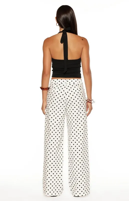 White Polka Dot Low-Rise Straight-Leg Pants