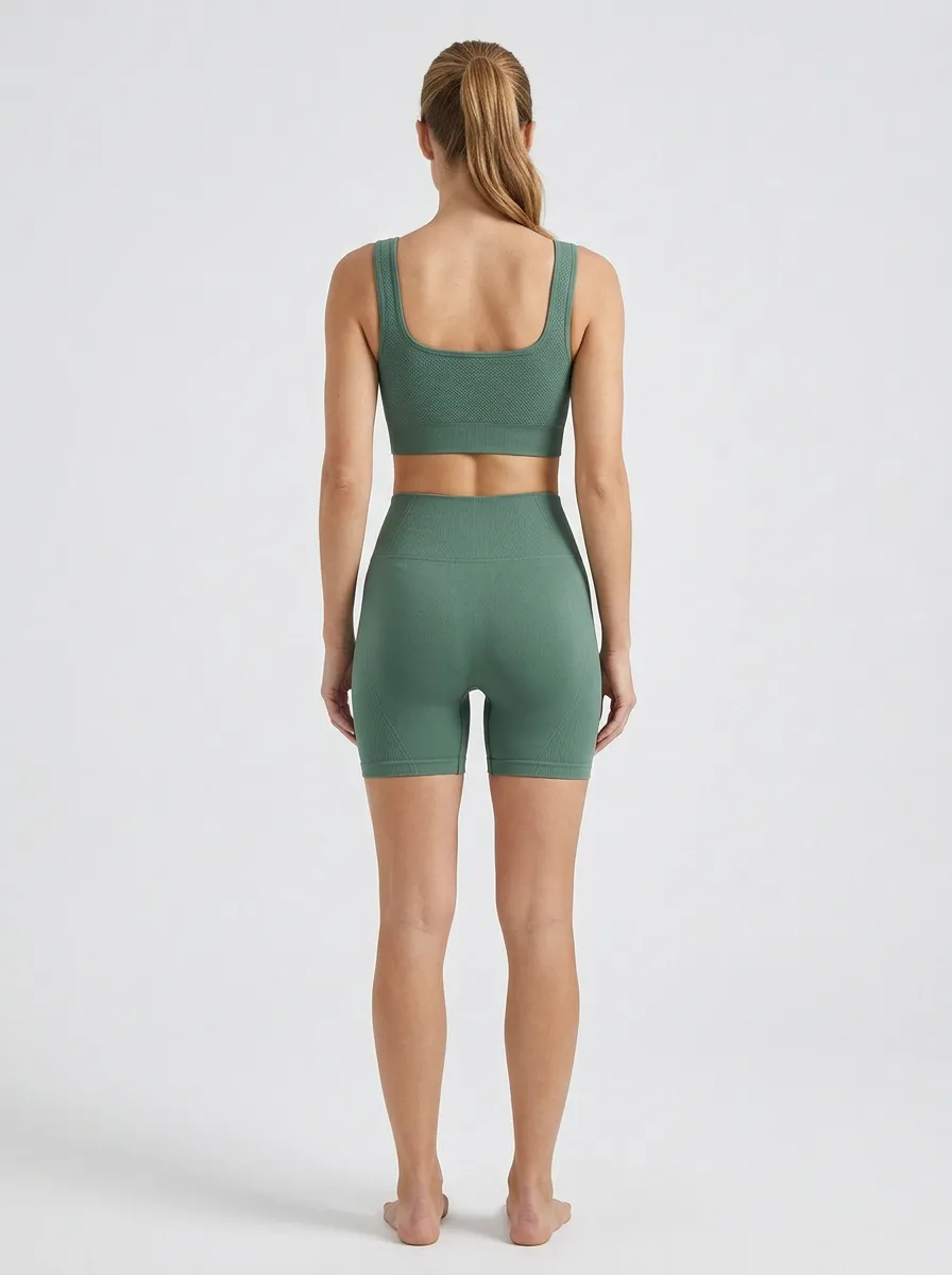 Practical Ribbed Texture Seamless Design Shape Women's Tank Top And Sports Shorts Set