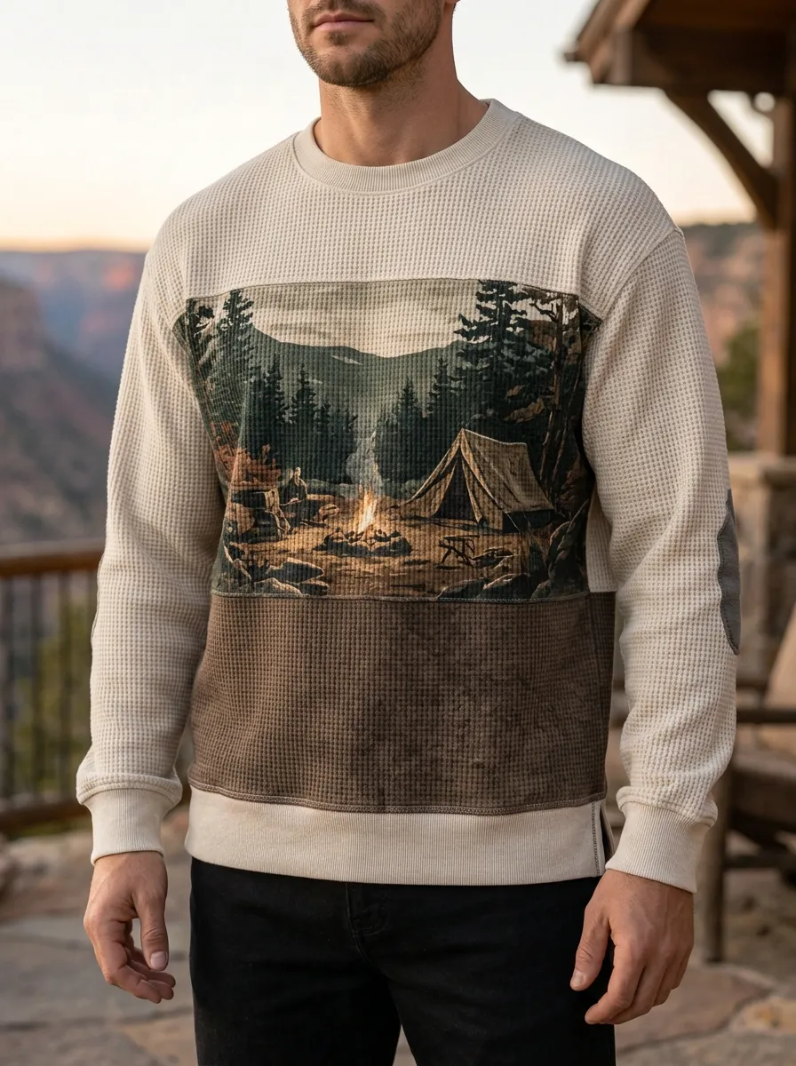 Men's Camping Lover Forest Campfire Printed Waffle Knit Sweatshirt
