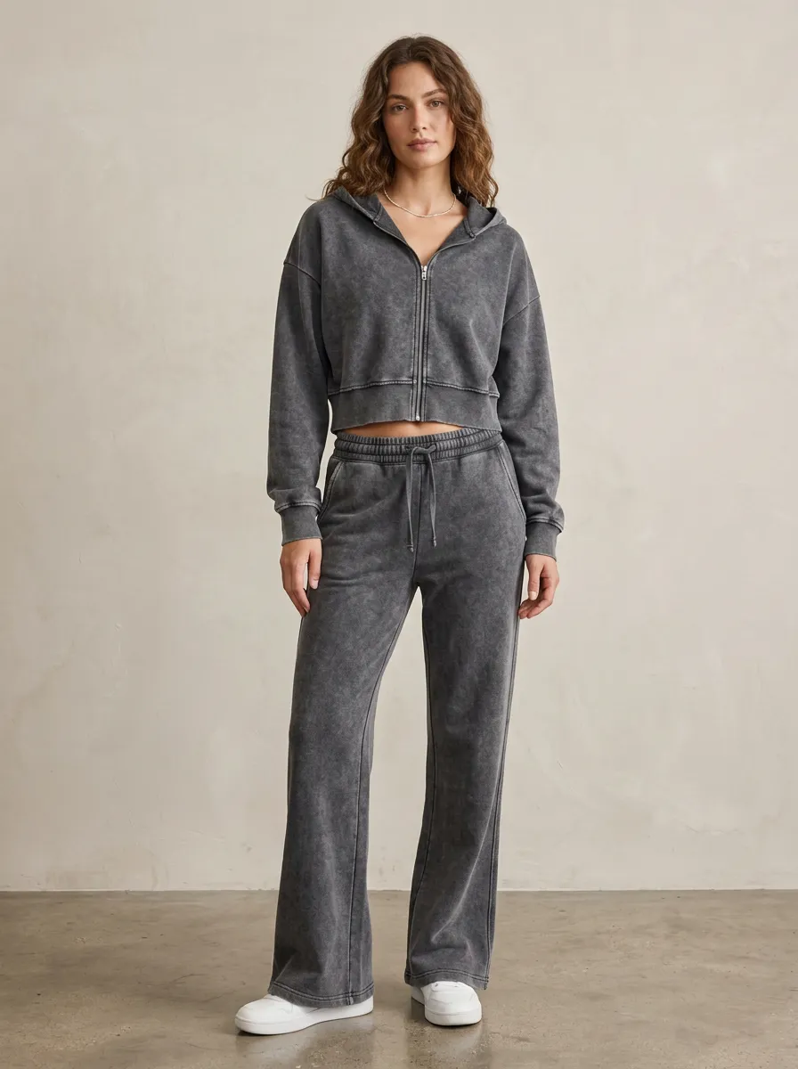 Women's Mineral Wash Sport Inspired Cropped Hooded Jacket and Flare Pants Active Set