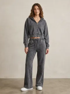 Women's Mineral Wash Sport Inspired Cropped Hooded Jacket and Flare Pants Active Set