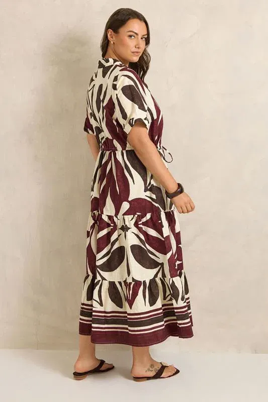 Cream & Red Abstract Leaf Print Cotton Dress