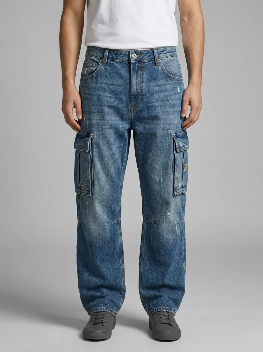 Men's Distressed Blue Denim Multi-Pocket Cargo Jeans