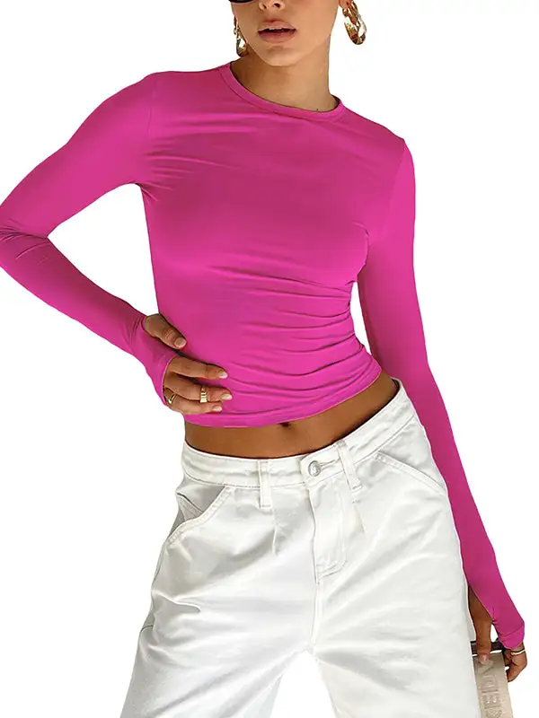 Long Sleeve Slim Fit Cutout Round Neck T-Shirt