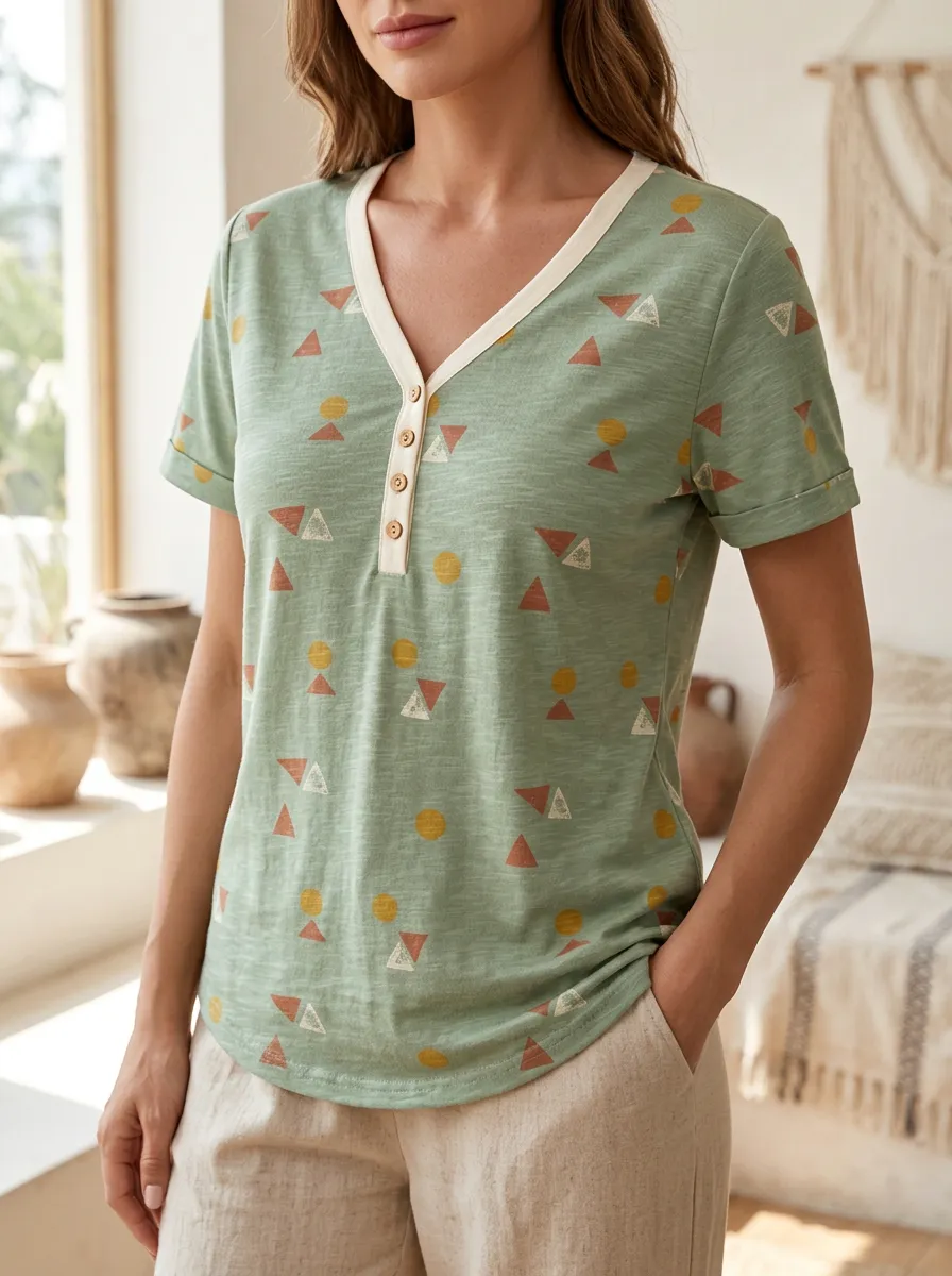 Women's Geometric Pattern Printed V-Neck Button T-Shirt
