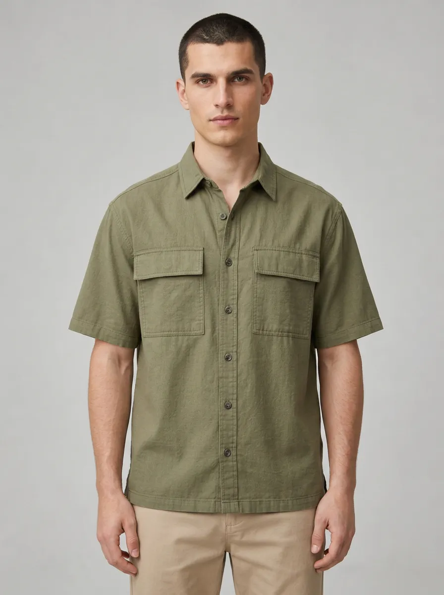 Men's Olive Utility Short-Sleeve Button-Down Shirt - Design C