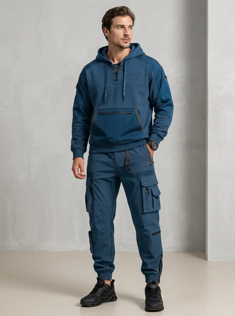 Trail-Inspired Lace-Up Topographic Style Men's Lace Up Hoodie And Cargo Jogger Set