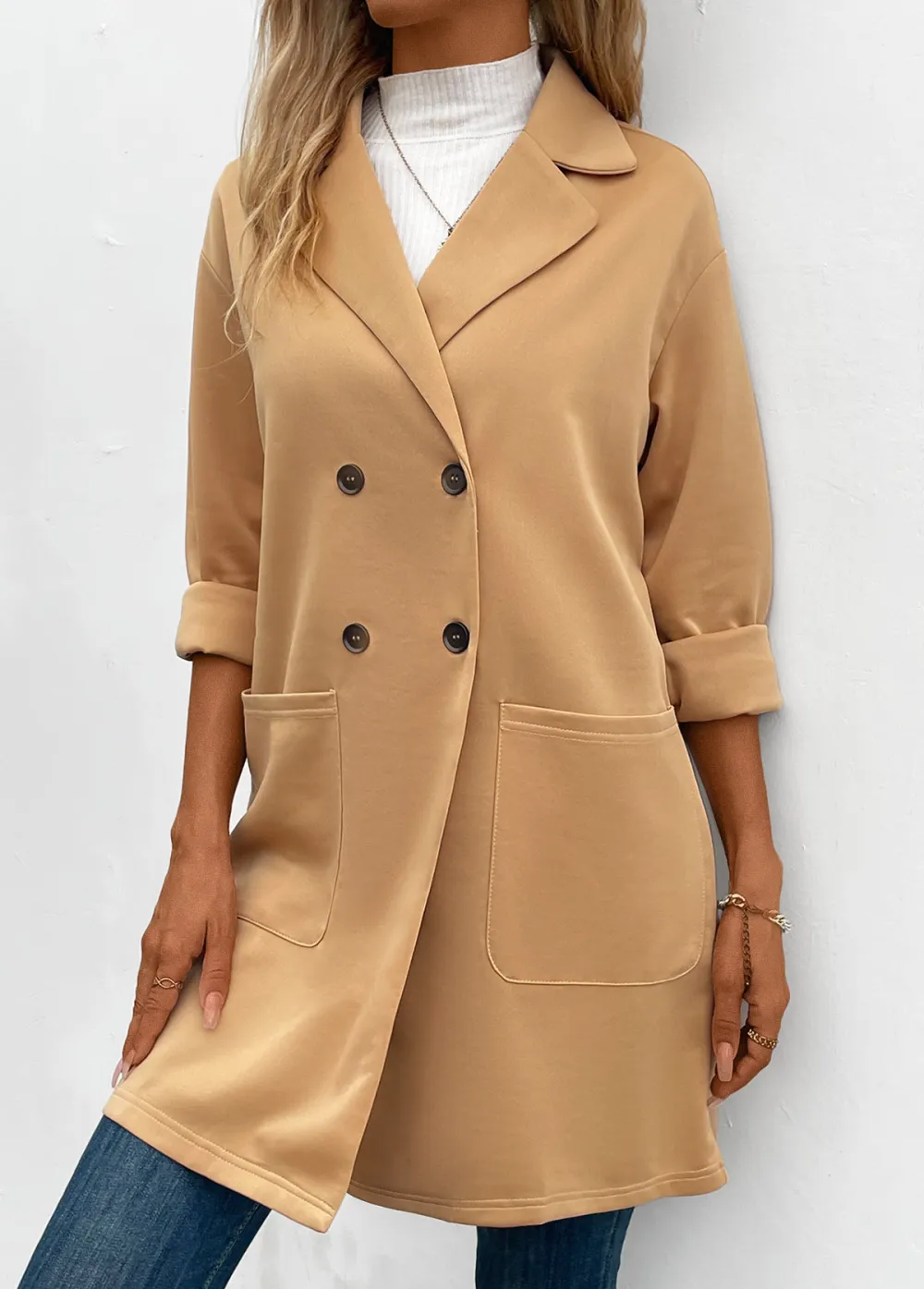 Light Camel Pocket Long Sleeve Lapel Coat