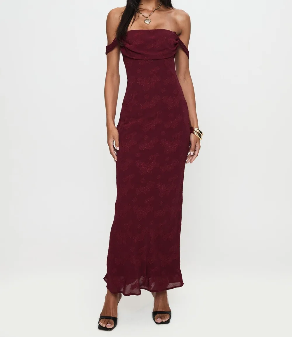 Burgundy Off-Shoulder Ruched Floral Maxi Dress