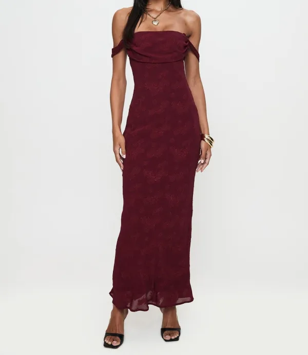 Burgundy Off-Shoulder Ruched Floral Maxi Dress