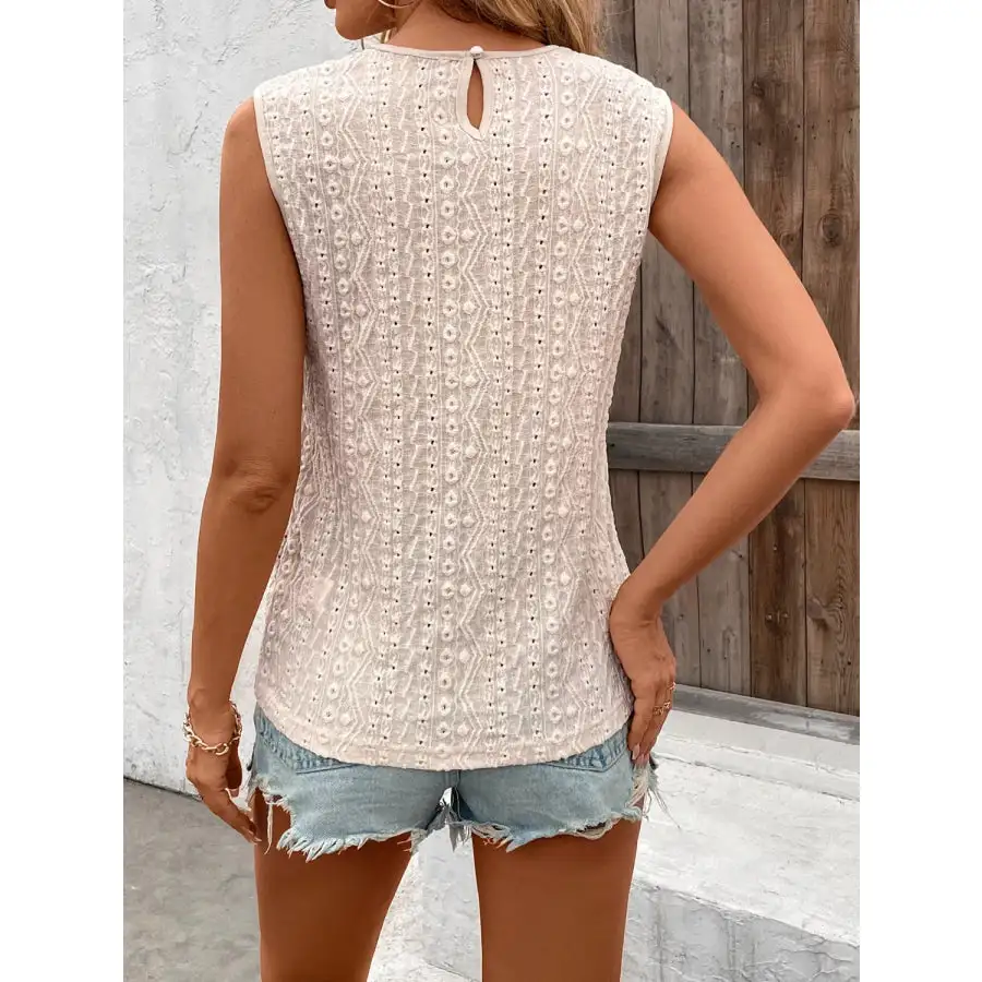 Lace Detail Eyelet Round Neck Tank