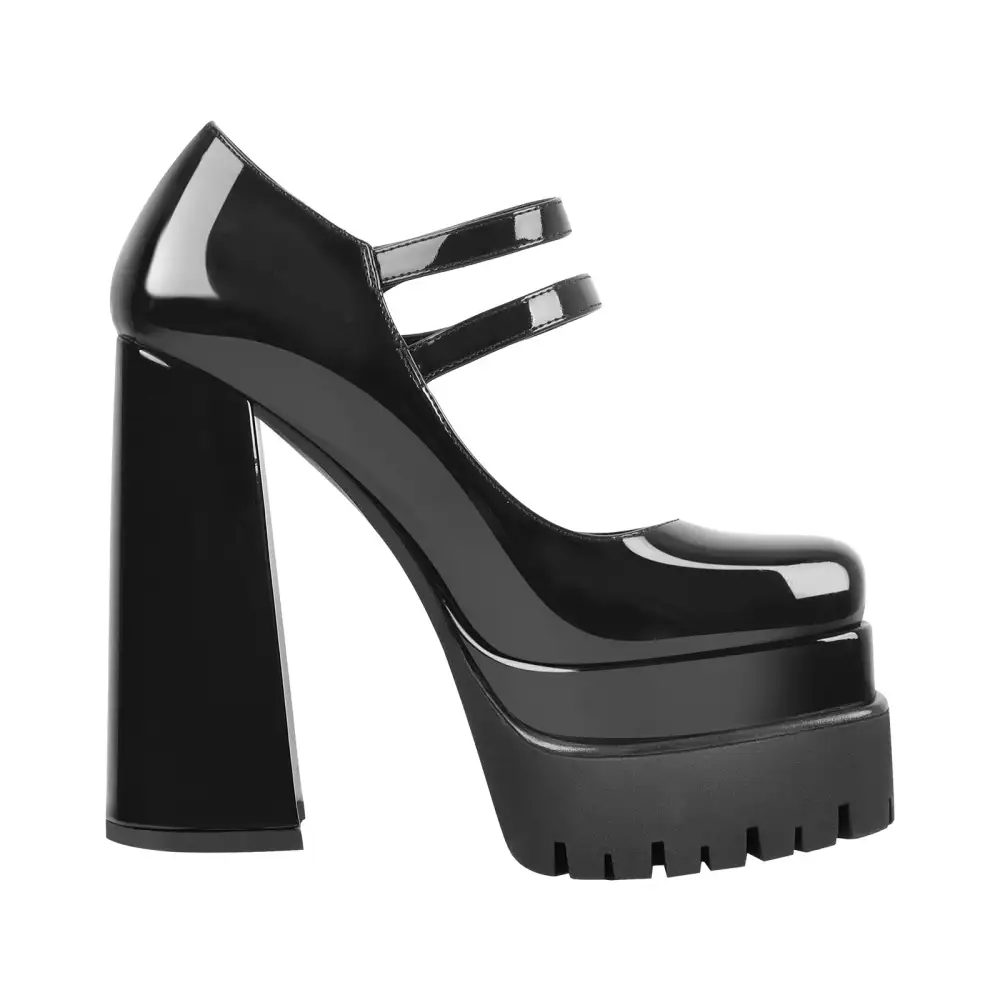 Patent Finish Square Toe Platform Chunky Heel Pumps