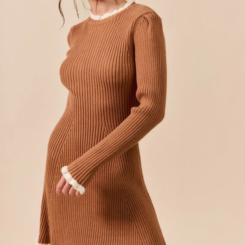 Classic Ruffle Detail Long Sleeve Ribbed Knit Dress